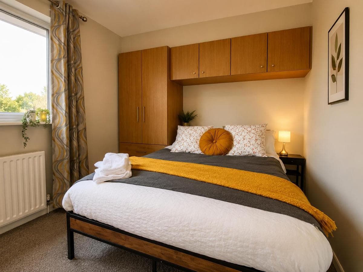 Double bedroom with built-in storage and towels at Caistor Apartment