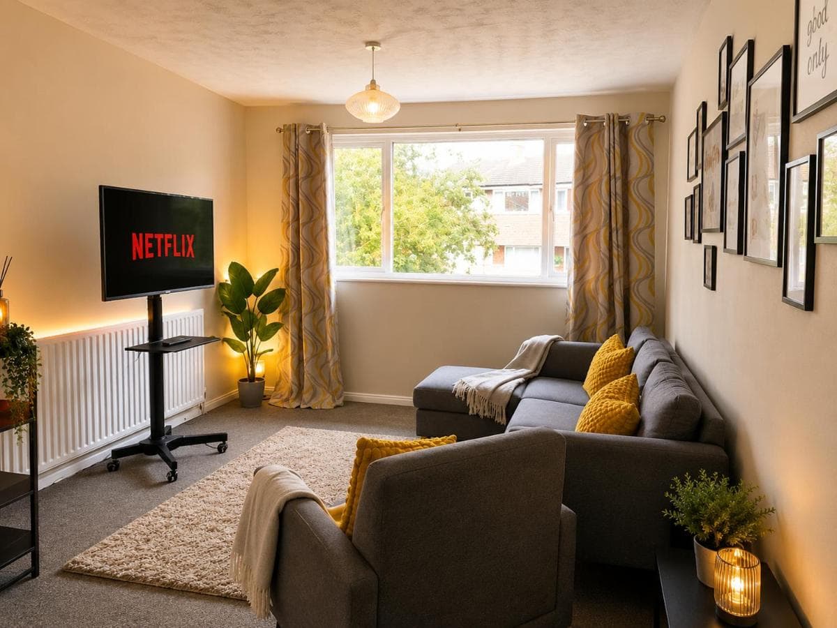 Living room with grey sofa, mustard cushions and Netflix at Caistor Apartment