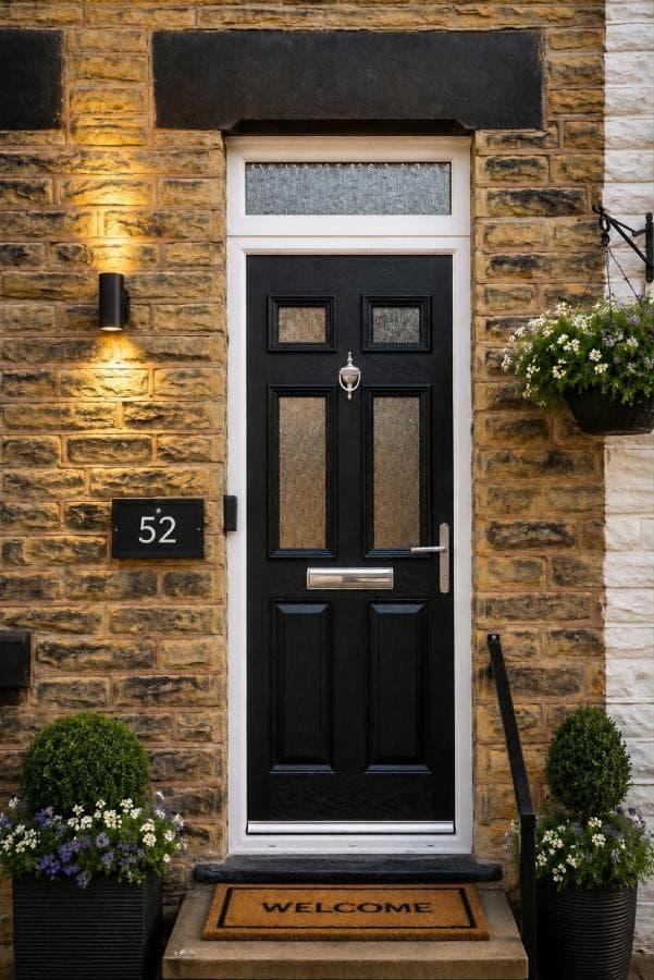 Black front door and Welcome mat at St George's House, 52 St George's Road