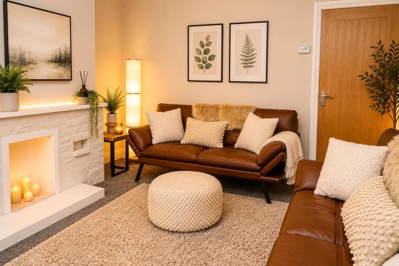 Living room with leather sofas, fireplace and warm lighting at St George's House